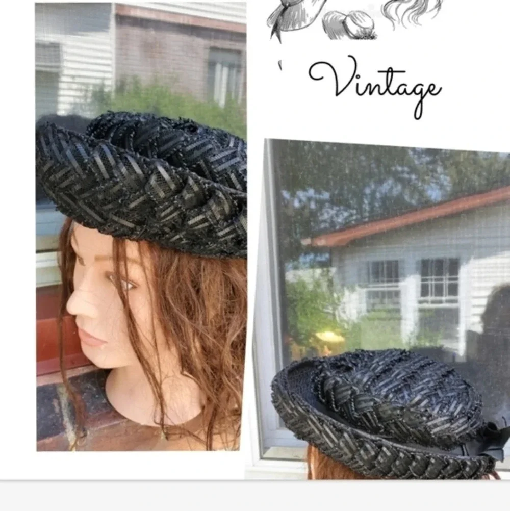 Vintage Black raffia semi Bowler hat‎